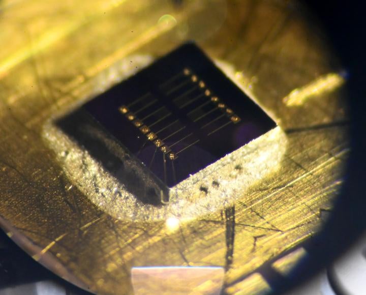 A magnified black chip on a gold surface, seen through a microscope