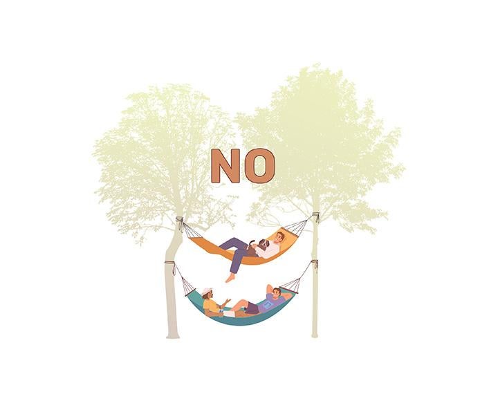 An illustration of two hammocks stacked between trees. Orange text reads No