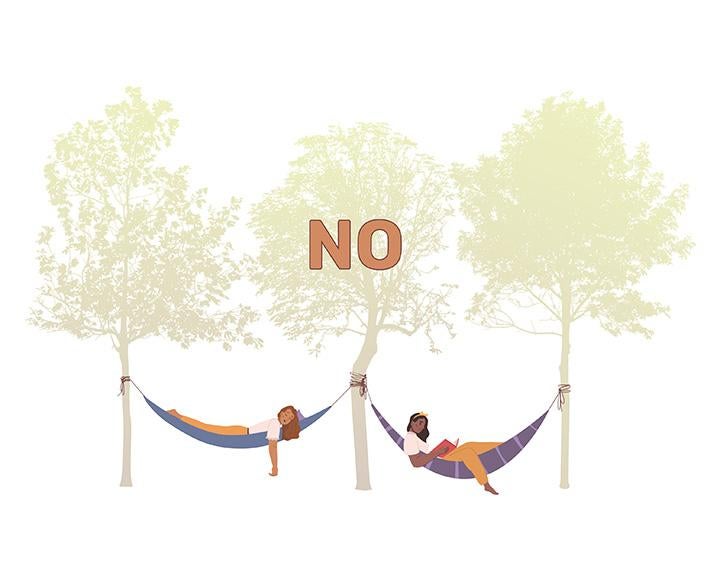 An illustration of two hammock straps sharing a tree. Orange text reads No