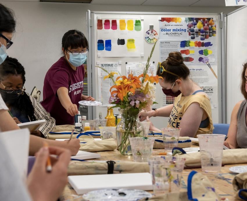 Students with masks, flower painting 