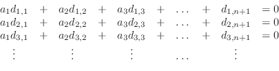 \begin{displaymath}\begin{array}{cccccccccc} a_1 d_{1,1}&+&a_2d_{1,2}&+&a_3d_{1,...
...&=0 \vdots & &\vdots & &\vdots & &\dots& &\vdots& \end{array}\end{displaymath}