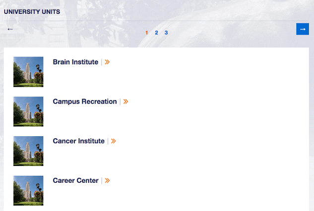 Screenshot of university units