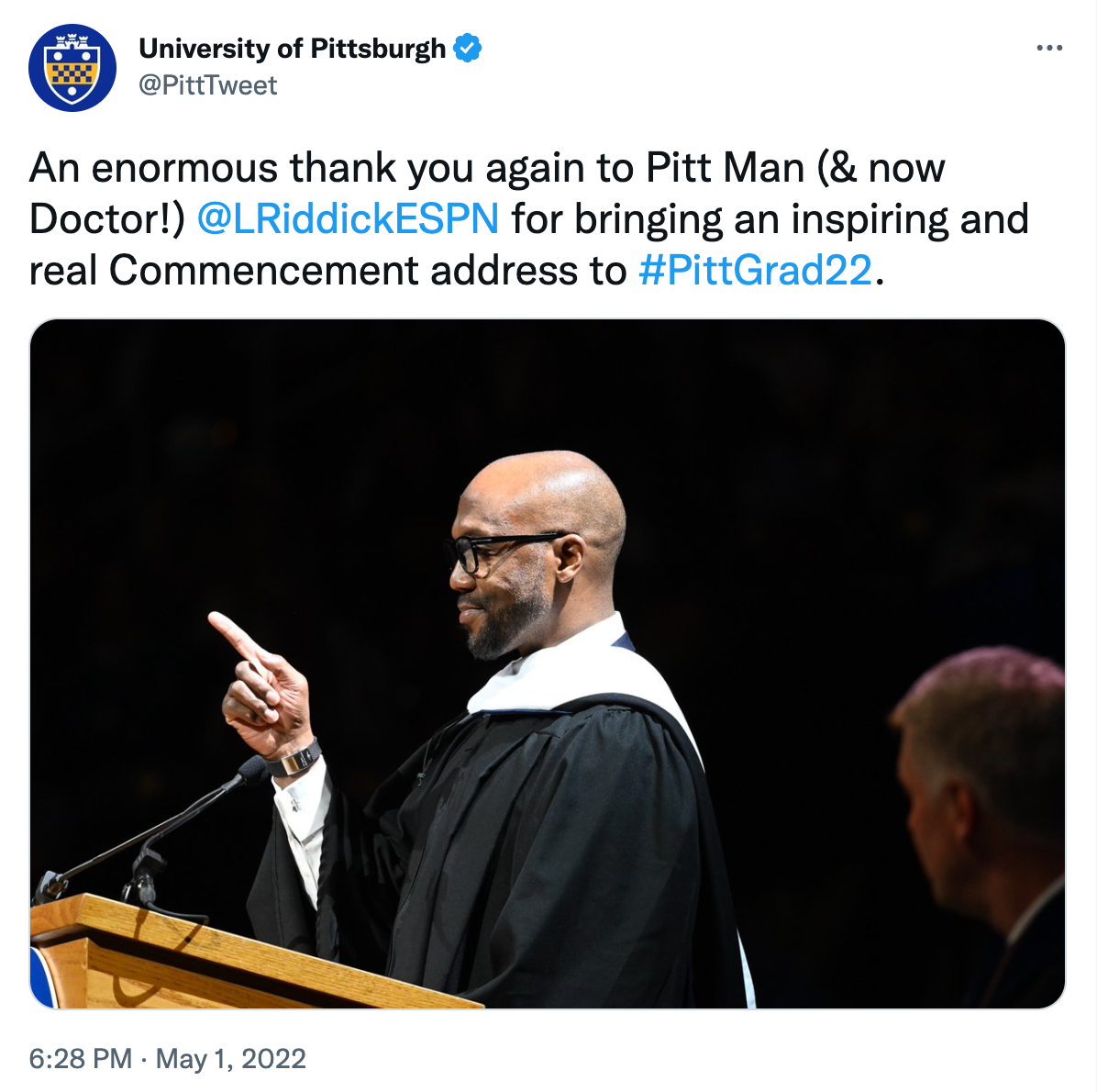 A tweet from the University of Pittsburgh shows Louis Riddick delivering a speech. The text reads An enormous thank you again to Pitt Man (& now doctor!) @LRiddickESPN for bringing an inspiring and real Commencement address to #PittGrad22.