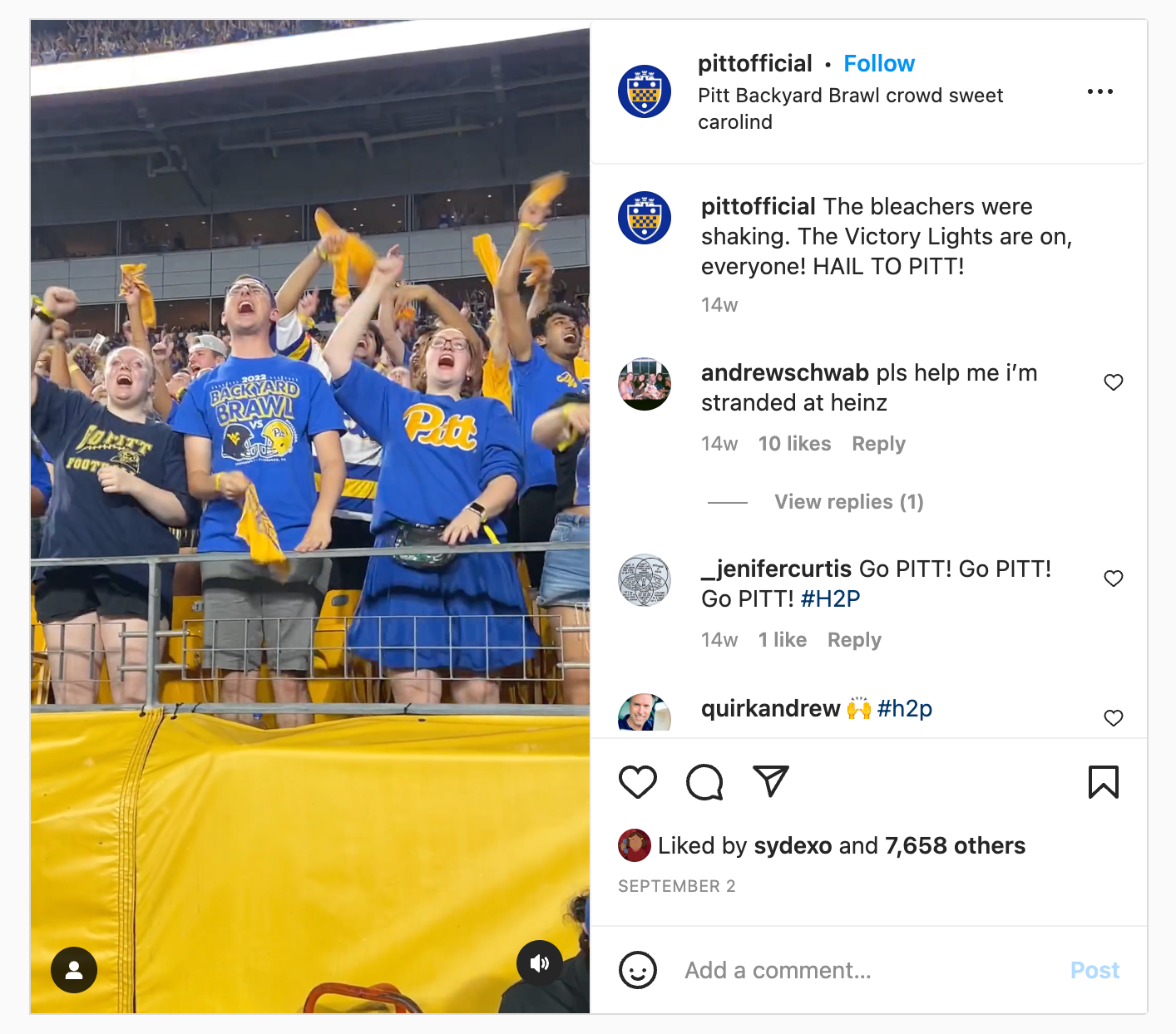 A screenshot of an Instagram video from the University of Pittsburgh of football fans cheering.