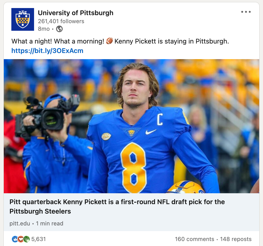 A LinkedIn post from the University of Pittsburgh shows Kenny Pickett in a football uniform and reads What a night! What a morning! Kenny Pickett is staying in Pittsburgh.