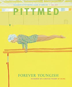 A yellow cover of PittMed's fall 2017 issue
