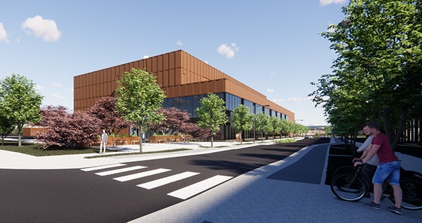 A rendering of the BioForge facility on a Hazelwood street