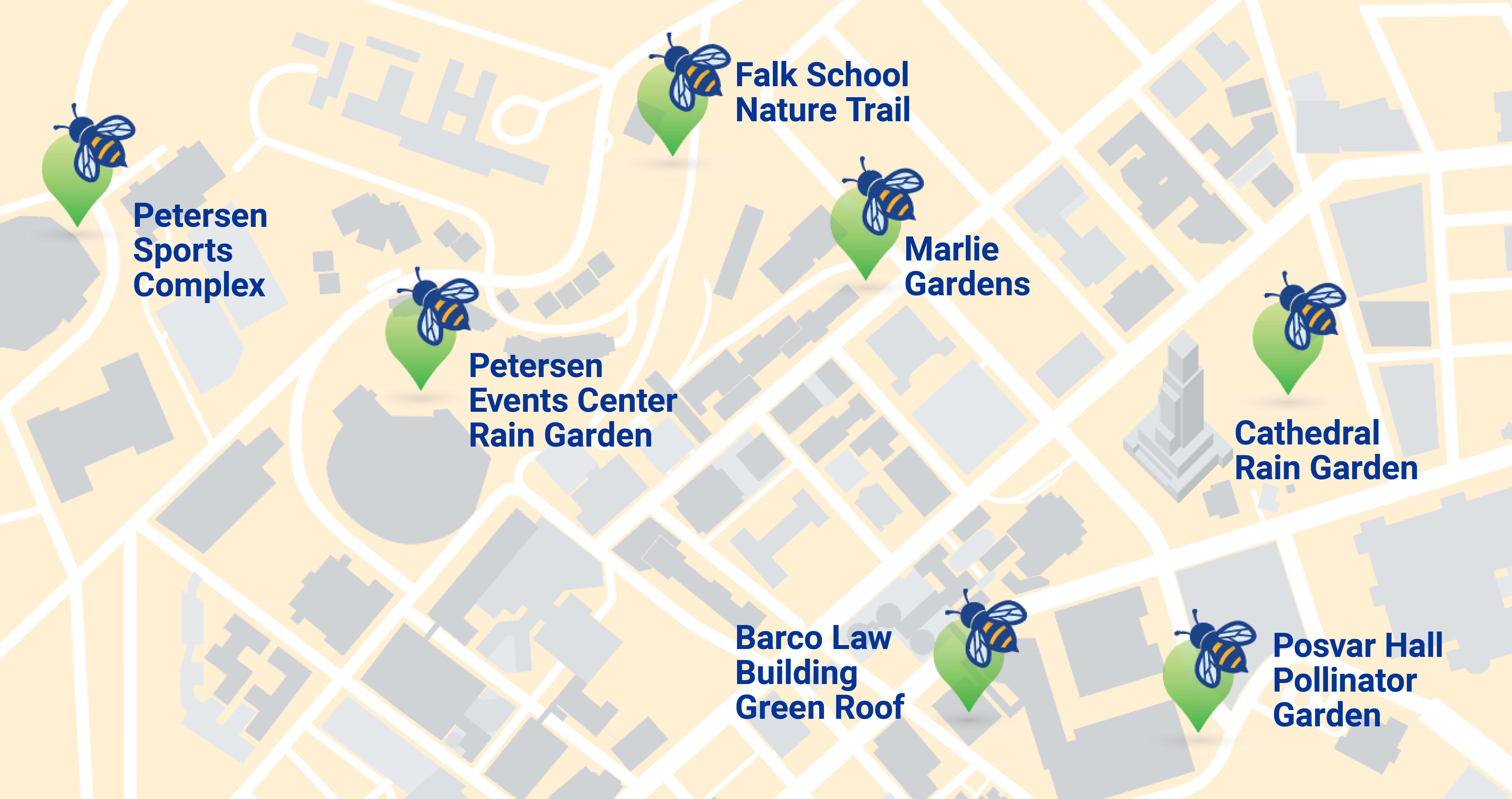 a map of campus with bee icons at the 7 house spots