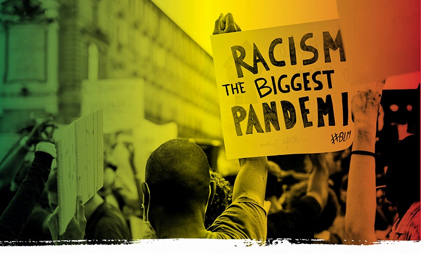 A black and white image overlaid with green, yellow and red tint, of a protest. A person is holding a sign that says "Racism is the biggest pandemic"