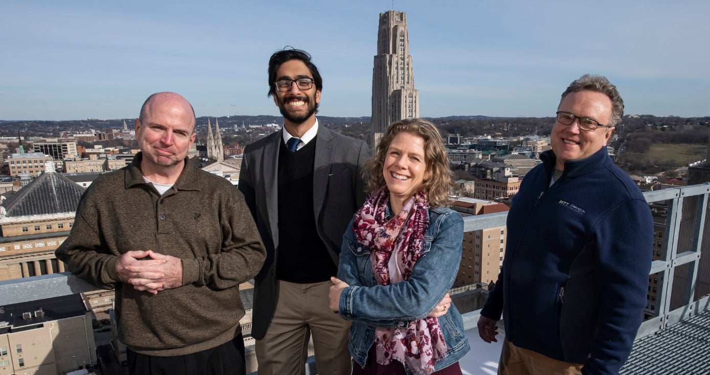 (From left to right): John Donehoo, clinical pharmacist at UPMC and program collaborator; Ravi Patel, lead innovation advisor in the School of Pharmacy; Kerry Empey, associate professor of pharmacy and therapeutics; and David Vorp, associate dean for research and William Kepler Whiteford Professor of Bioengineering.