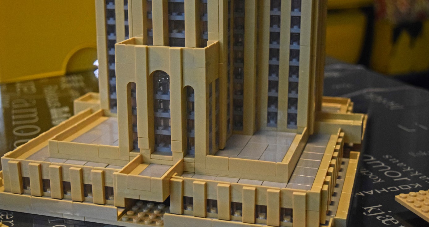 a close-up of a tan LEGO Cathedral
