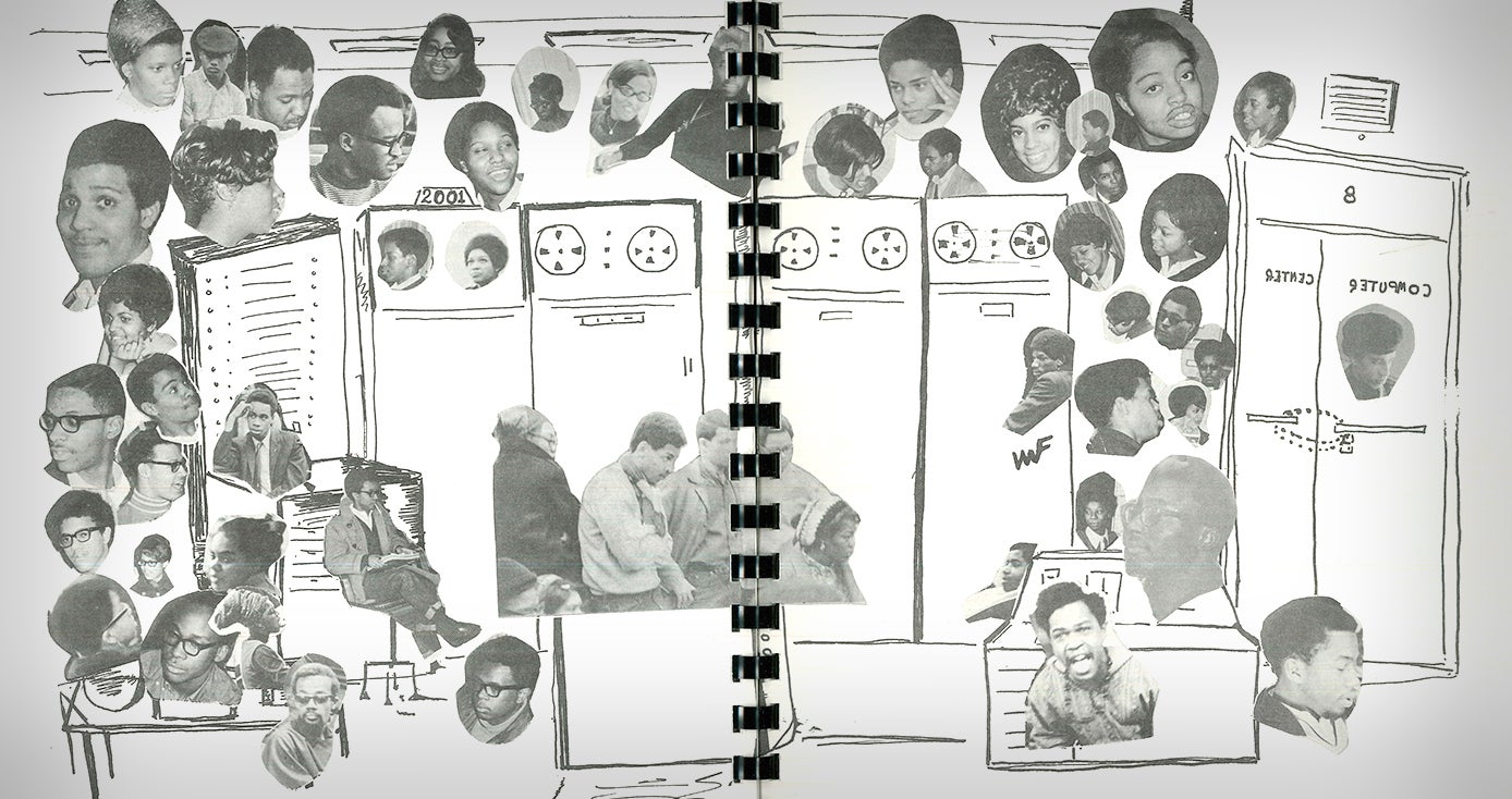 drawing of a computer from the 60s with cut-out photos of black students pasted on top
