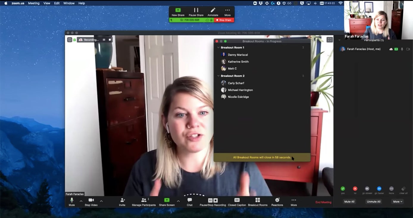 a screenshot of a female instructor using Zoom with a chat feature