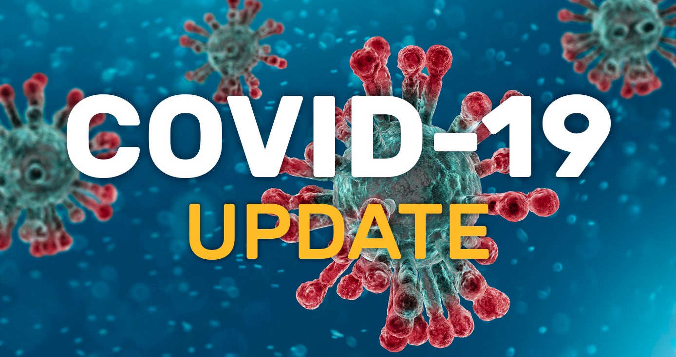 Text reading: COVID-19 UPDATE WITH IMAGE of virus in red with a blue background