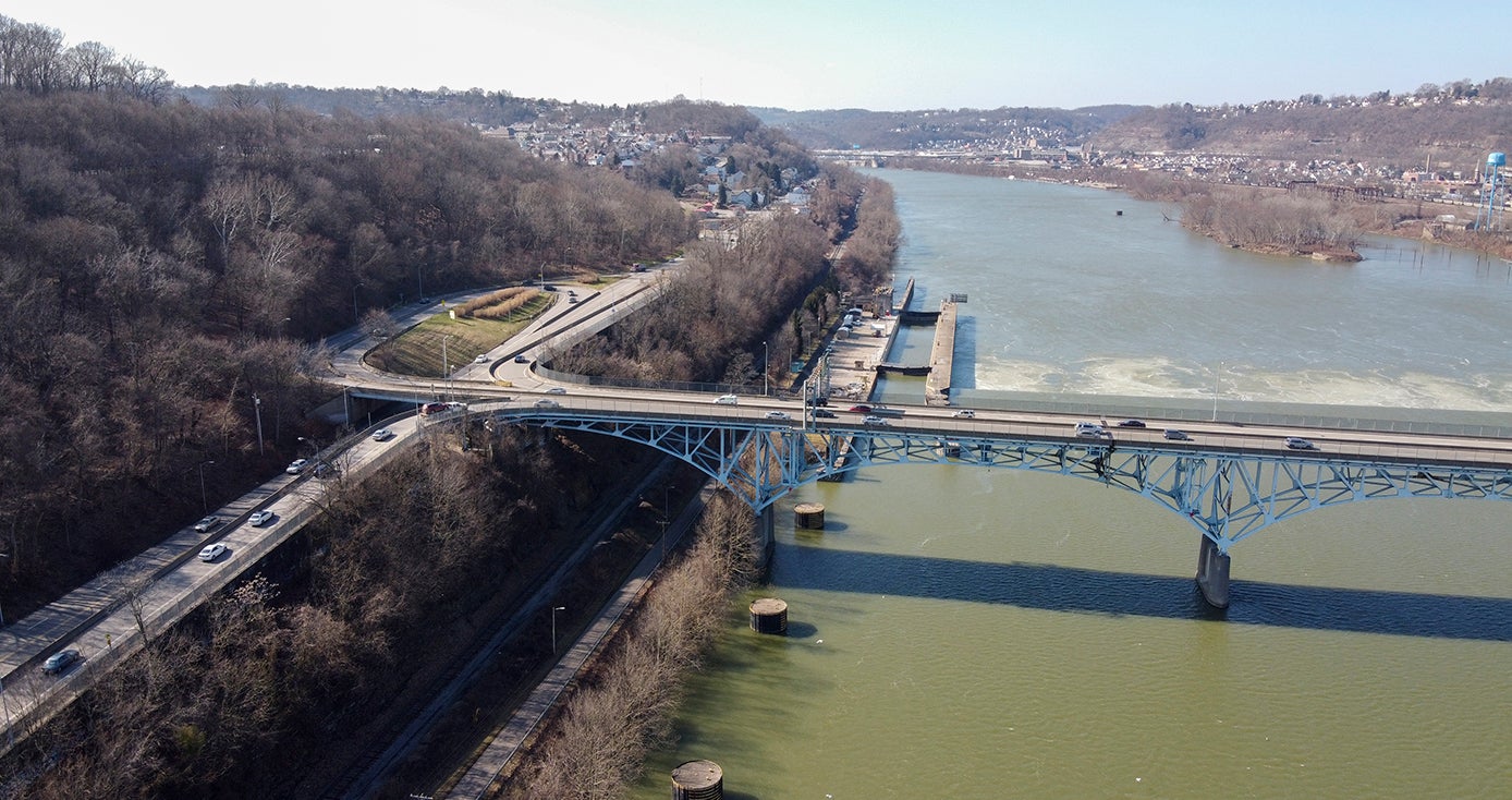 An aerial view of a bridge over a river