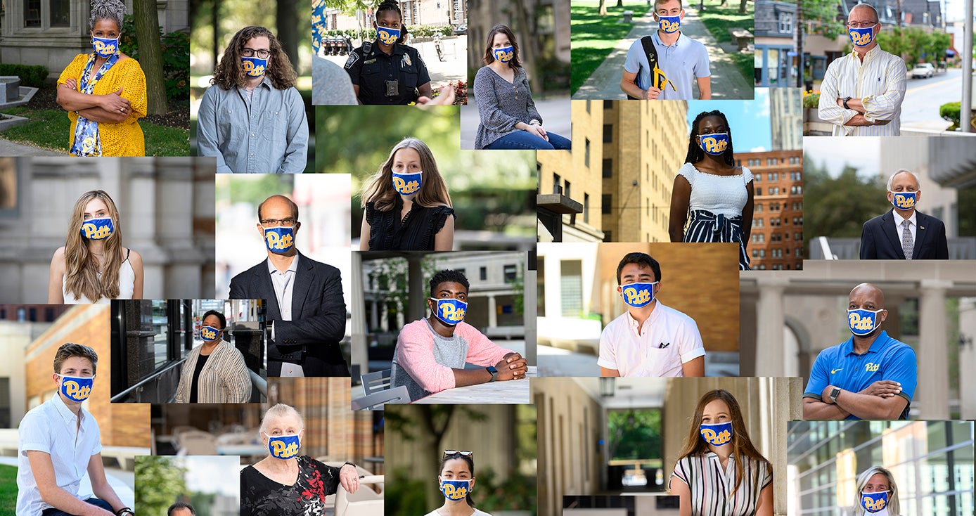 A collage with students, staff and faculty members all wearing Pitt face masks