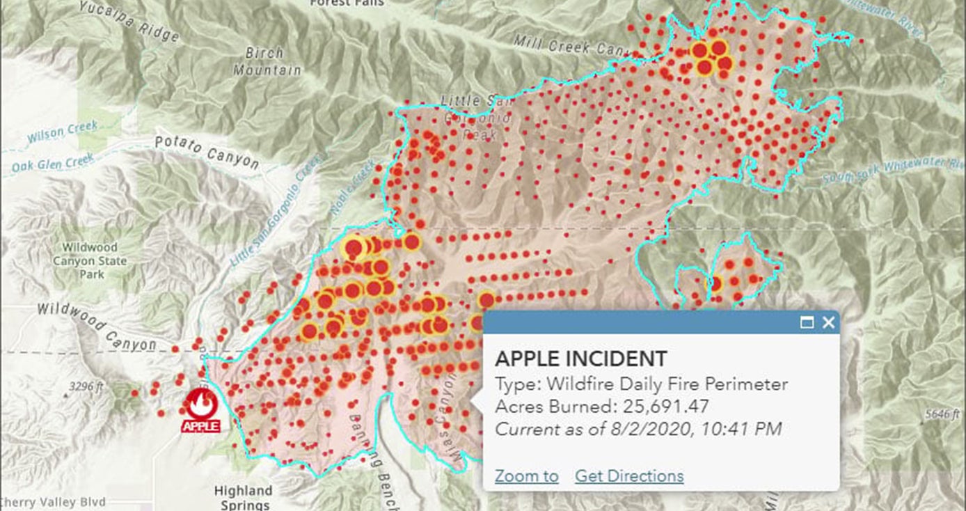 A depiction of the geographical impact of a wildfire