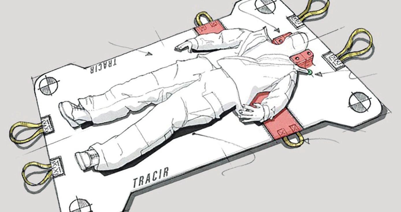 a sketch of the backpack in stretcher mode, with a person/dummy lying on it