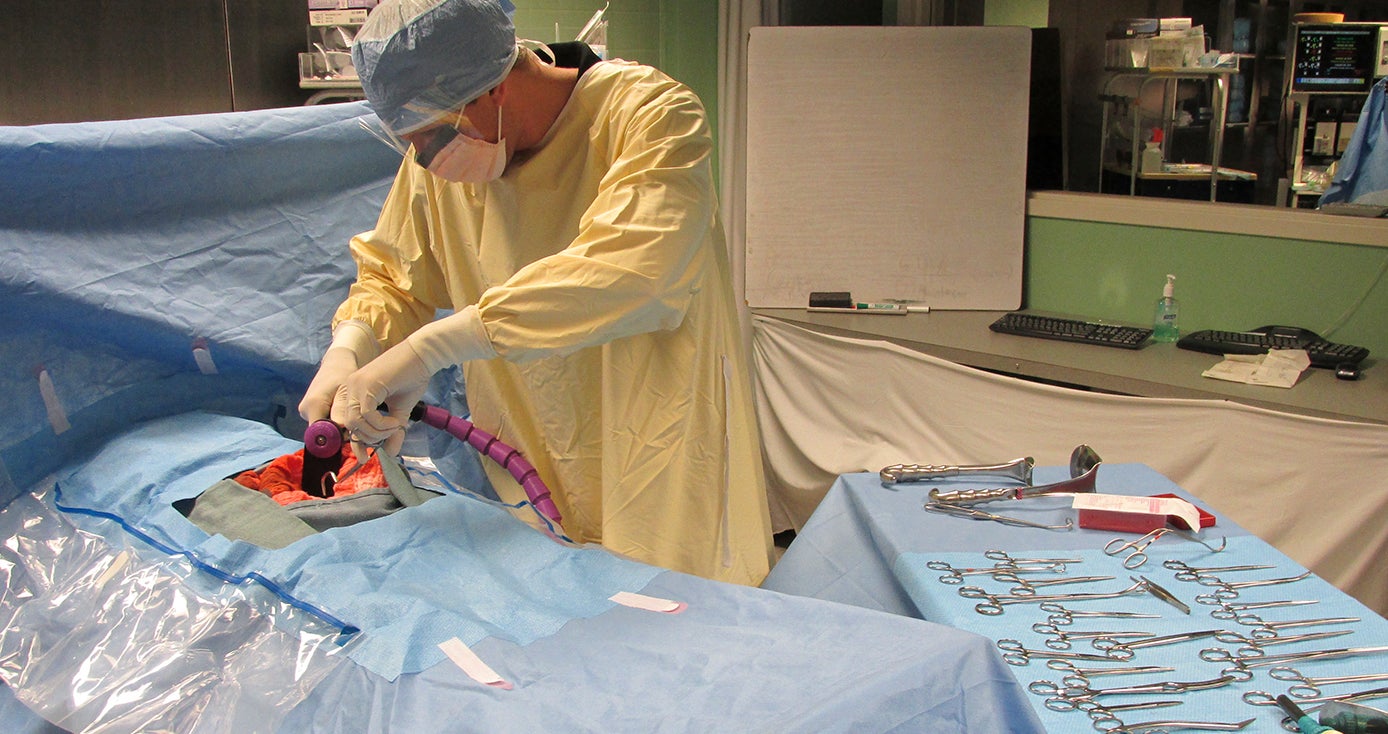 person in yellow scrubs simulating an operation with the surgical retractor system