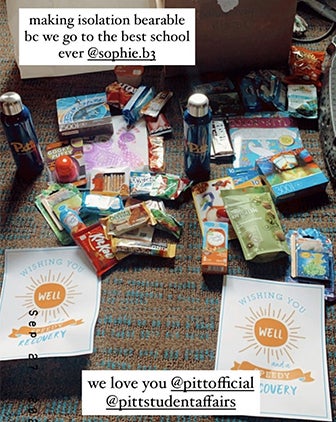 a photo featuring a plethora of snacks and drinks with text overlaid that says "making isolation bearable bc we go to the best school ever @sophie.b3" and another box that says "we love you @pittofficial @pittstudentaffairs"
