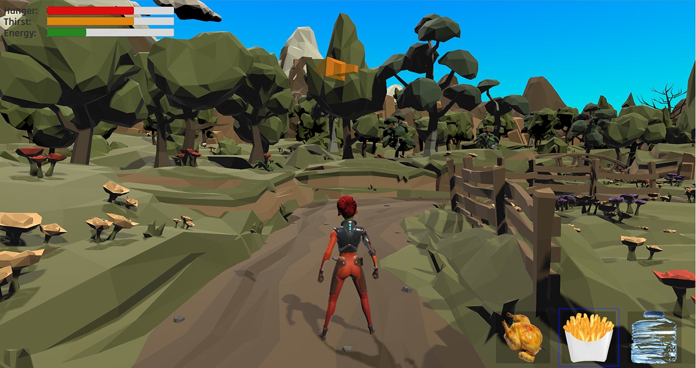 a screen cap from a video game, where a person is walking through a rocky area