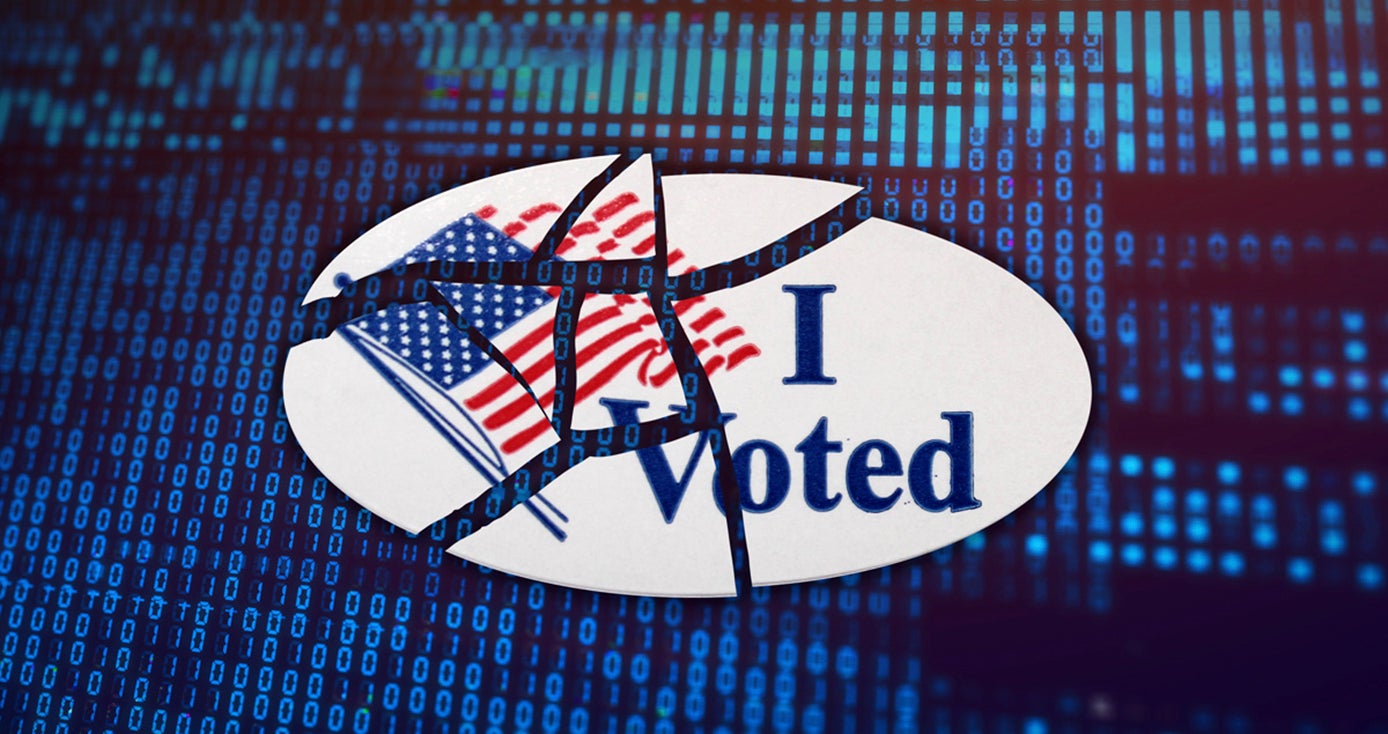an "I Voted" sticker that's broken into pieces on top of a background of 1s and 0s