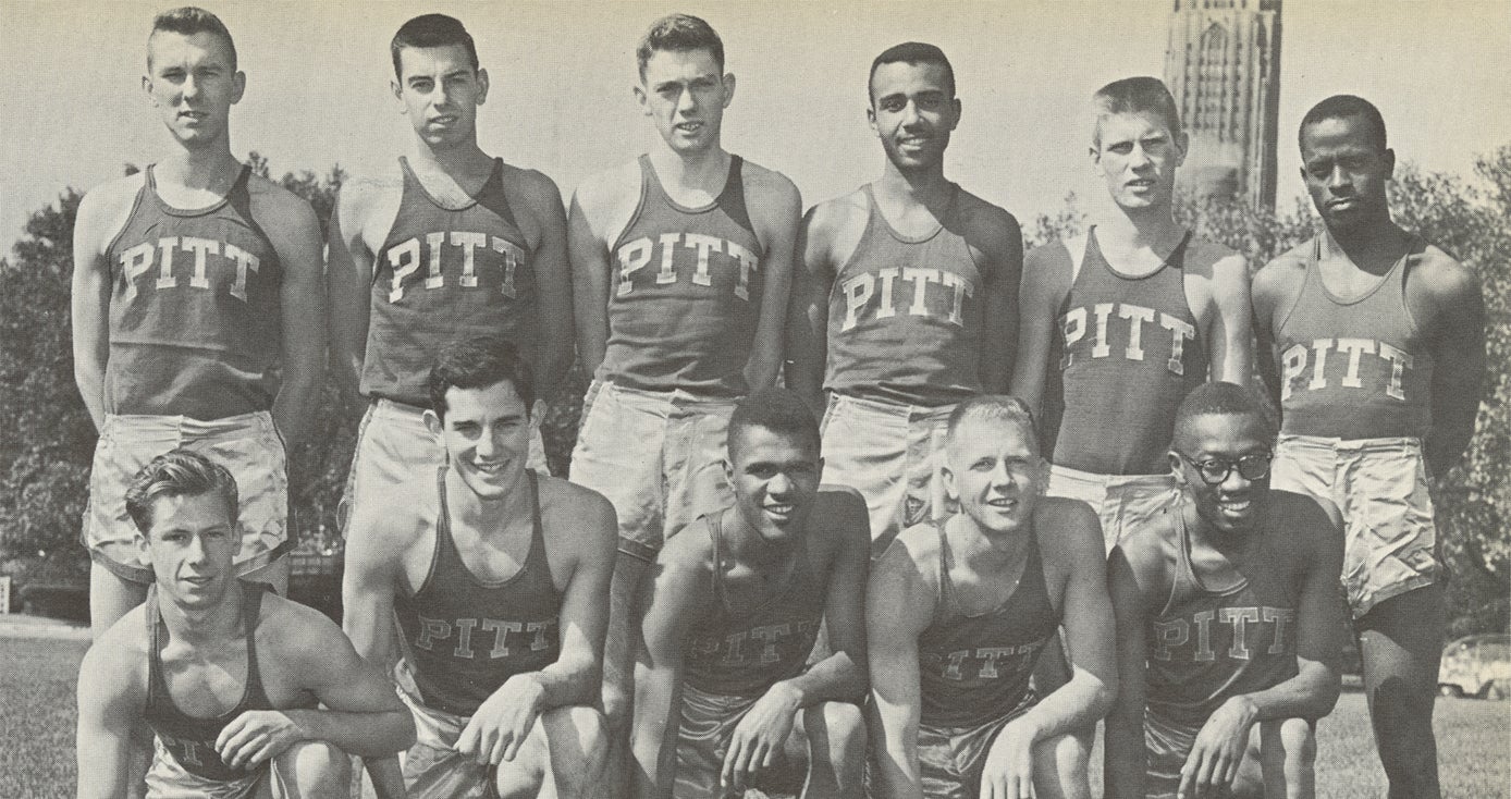 A black and white photo of Perry Jones and his track team while he was at Pitt.