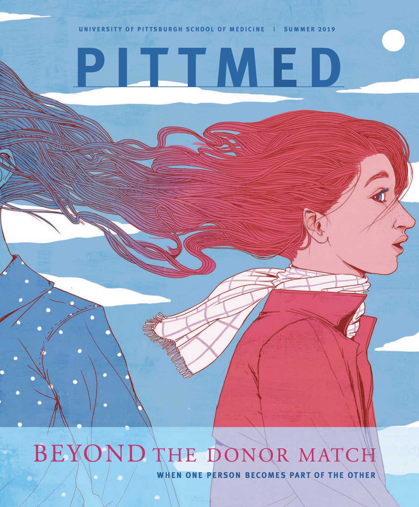 the cover of Pitt Med magazine, which has a blue and red illustration of two women's hair intertwining