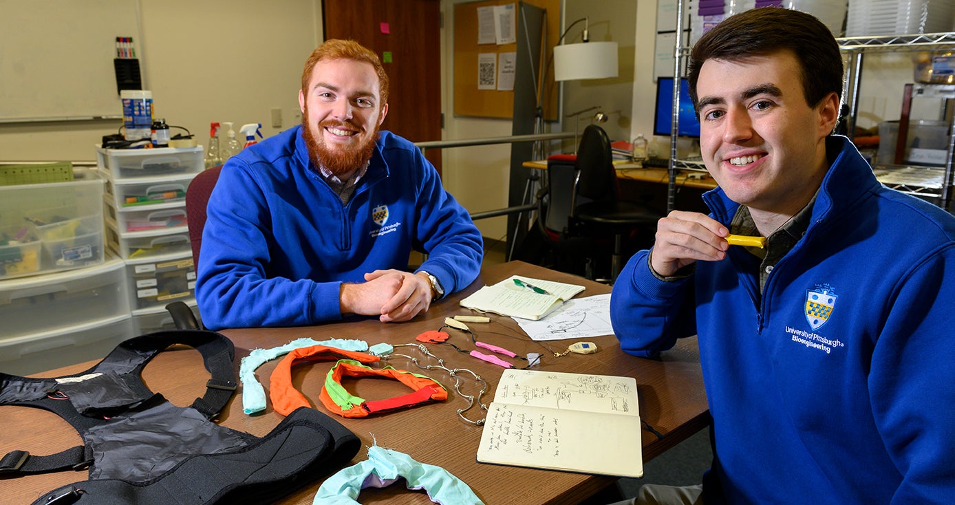 Tyler Bray (left) and Jacob Meadows (right) bioengineering seniors in Pitt’s Swanson School of Engineering, have been working on their brainchild Posture Protect. The duo has been working on various prototypes to their device, which aids people with Parkinson’s disease and other problems with fine motor skills with better posture. Bad posture is a concern in the Parkinson’s community, since it increases people’s chance of falling.