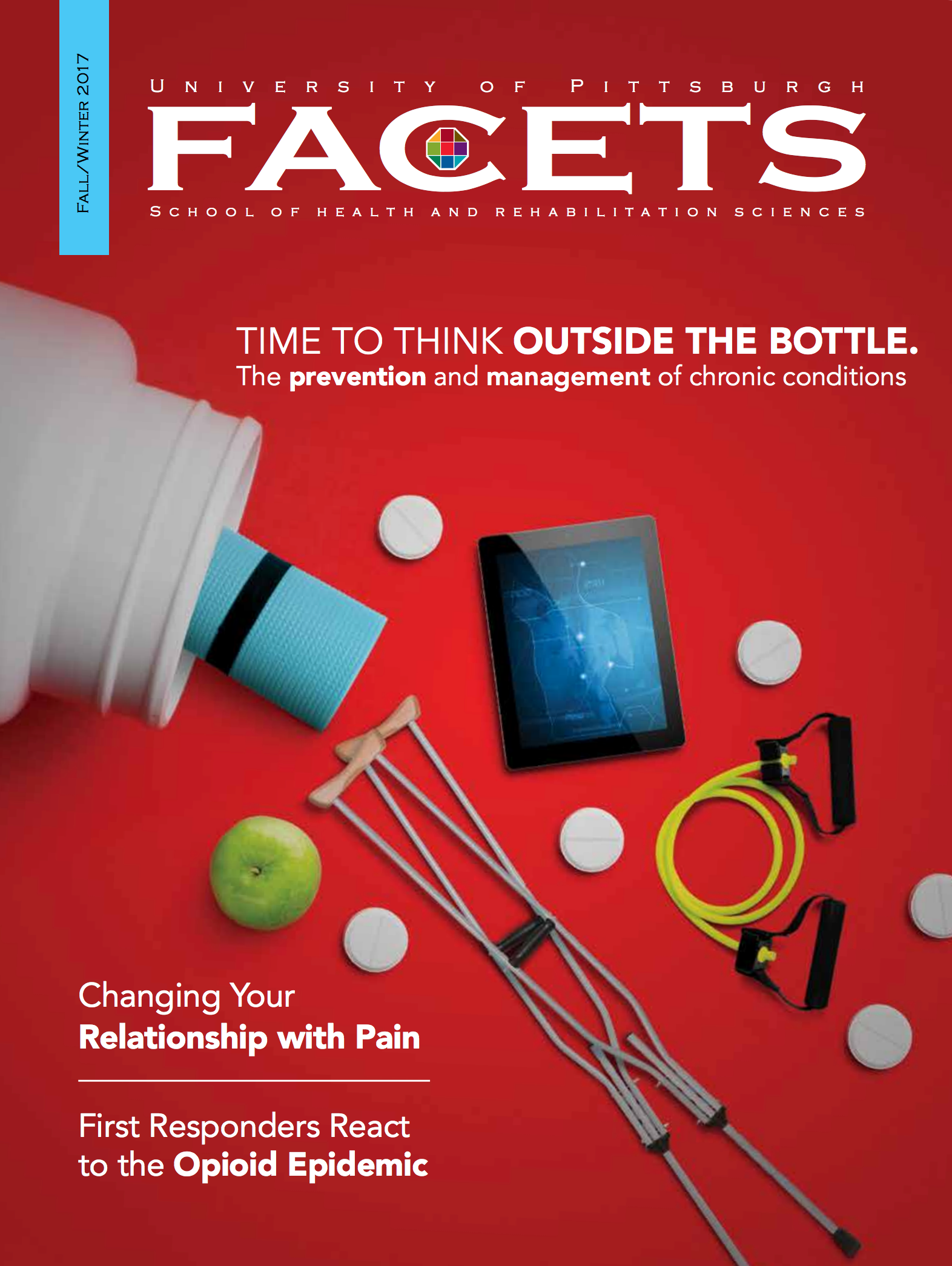 cover of fall/winter facets: red background with a pill bottle spilling out various pills and medical items