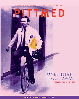 pink cover of Pitt Med magazine, featuring a doctor on unicycle