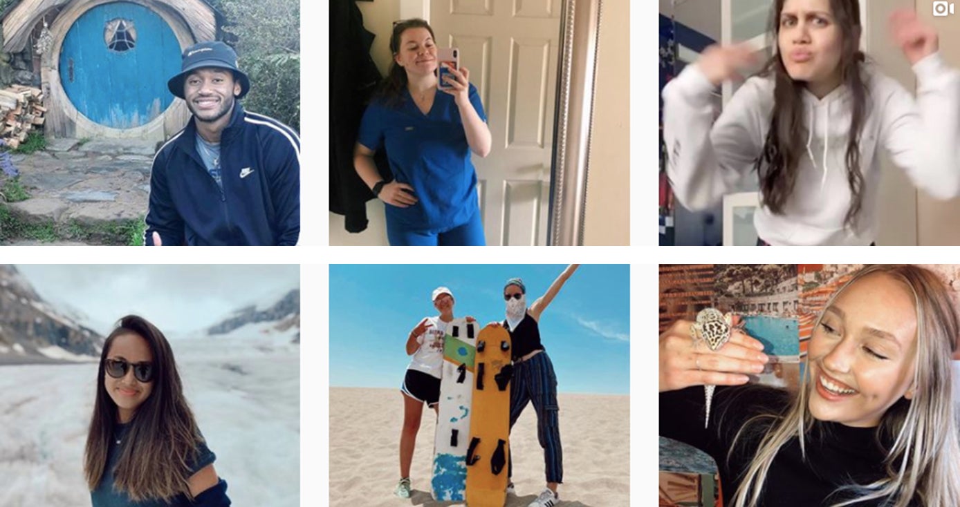 Six student social media ambassadors' posts of themselves in various locations