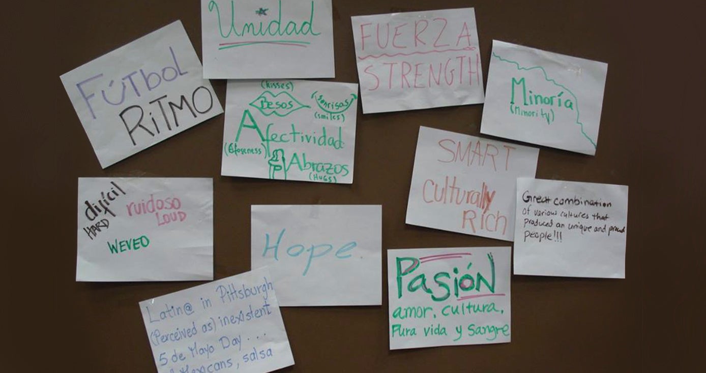 paper signs depicting student answers to what it means to be Latino