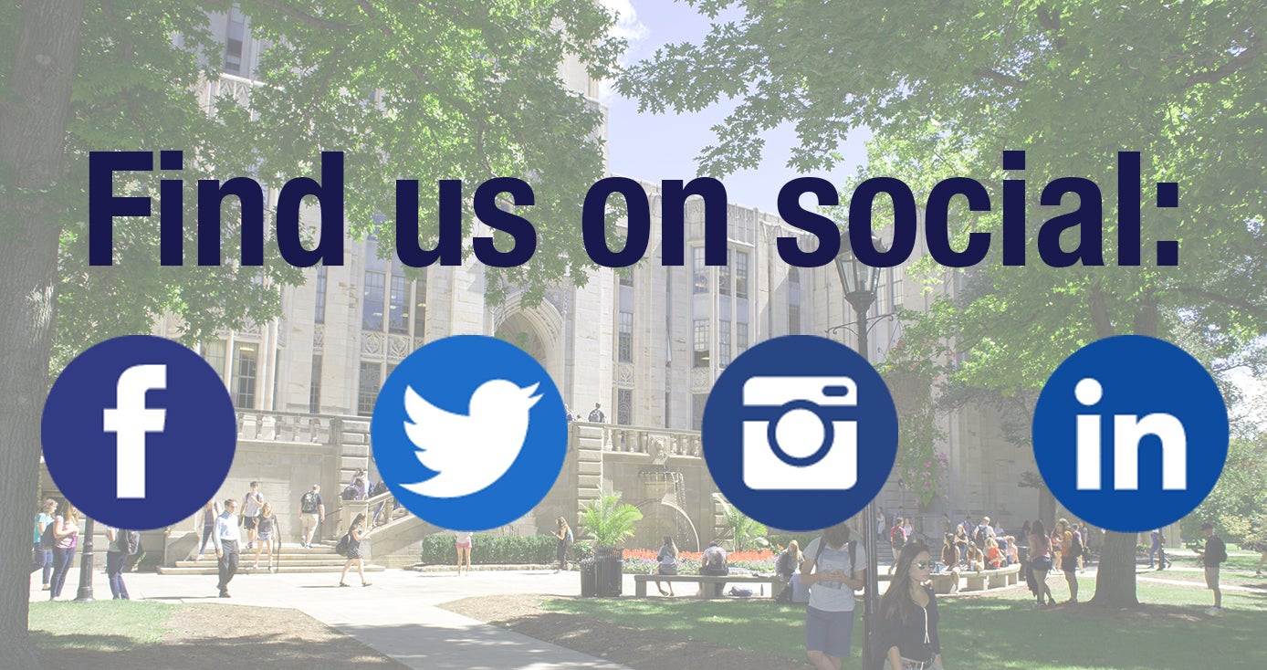 an image of people in front of the Cathedral with "follow us on social" imposed over it, as well as four graphics for Facebook, Twitter, Instagram and LinkedIn