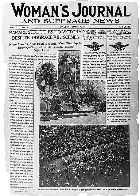 An old newspaper that says Woman's Journal and Suffrage News at the top. The headline is Parade Struggle to Victory Despite Disgraceful Scenes