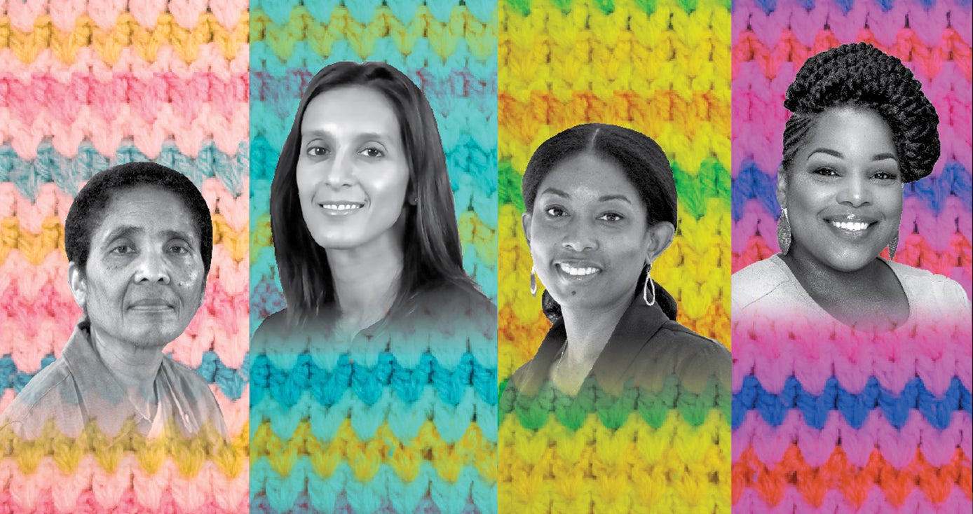 Headshots of (From left) The School of Nursing’s Betty Braxter, School of Medicine’s Sonya Borrero, Graduate School of Public Health’s Dara Mendez and Healthy Start CEO Jada Shirriel artistically composed over a background of a knitted baby blanket in shades of pink, blue and yellow.