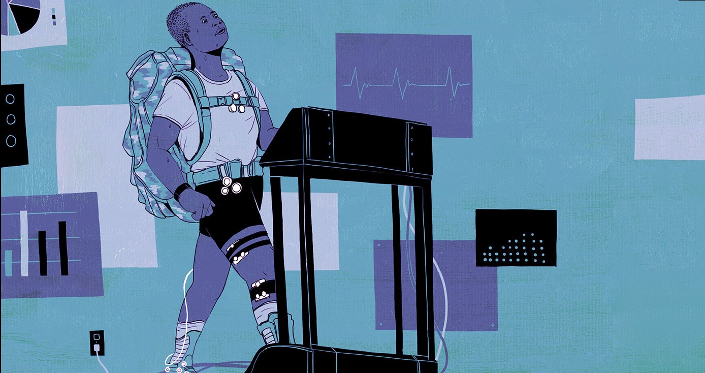 blue, black and purple illustration of a man on a treadmill with a heavy-looking backpack and wires attached to his body