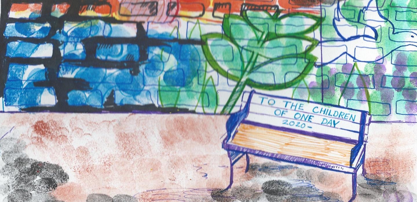 Artwork of a brick wall and a bench, with the inscription "TO THE CHILDREN OF ONE DAY 2020"