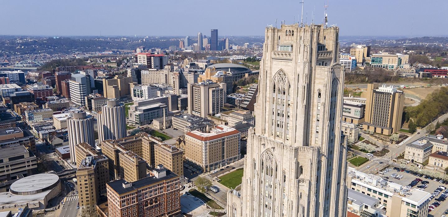 Drone image of Cathedral of Learning and Oakland