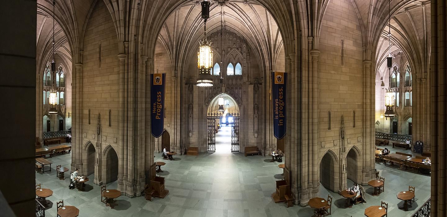 Cathedral of Learning interior renovations with desks and banners