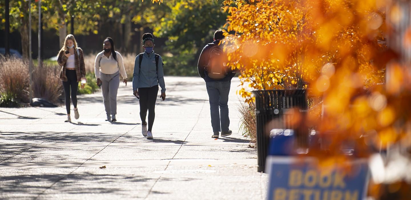 Students walking on campus next to fall trees.