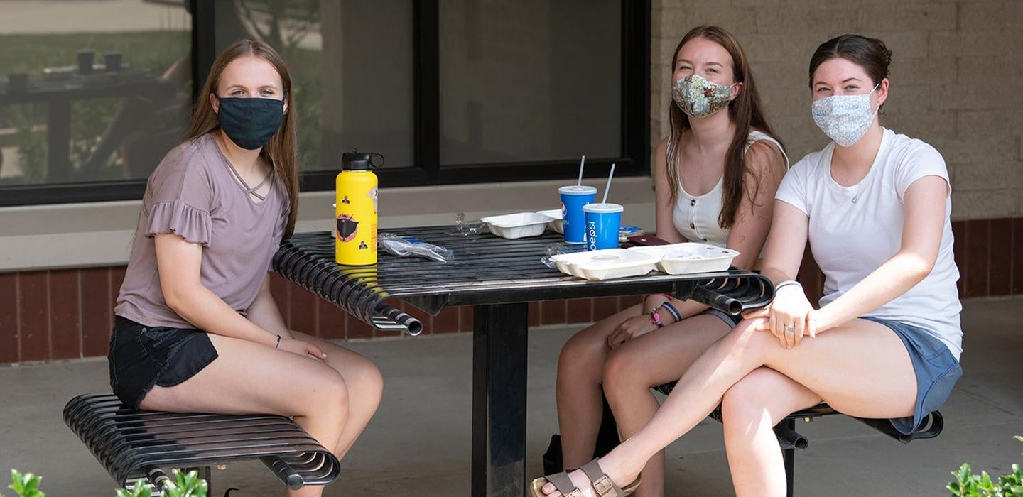 Three women with face masks sitting at a table outside