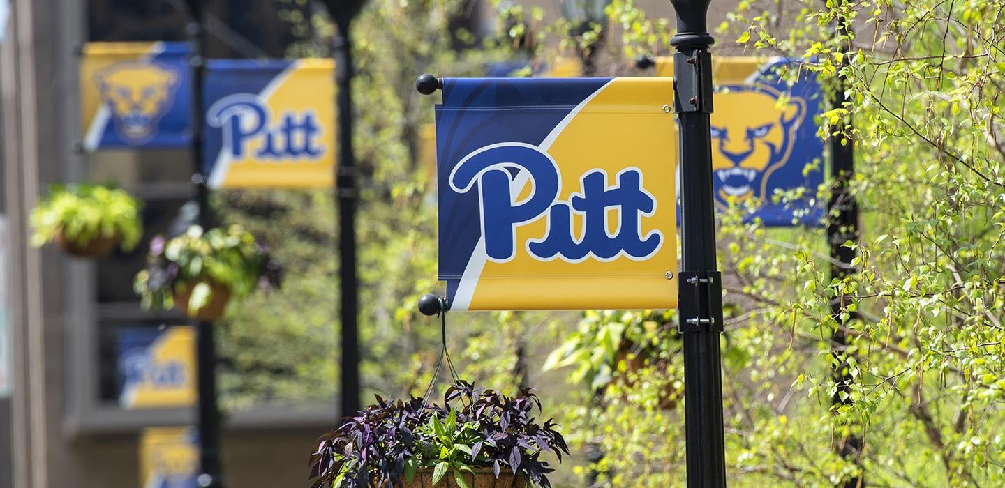 Pitt banners on campus during spring