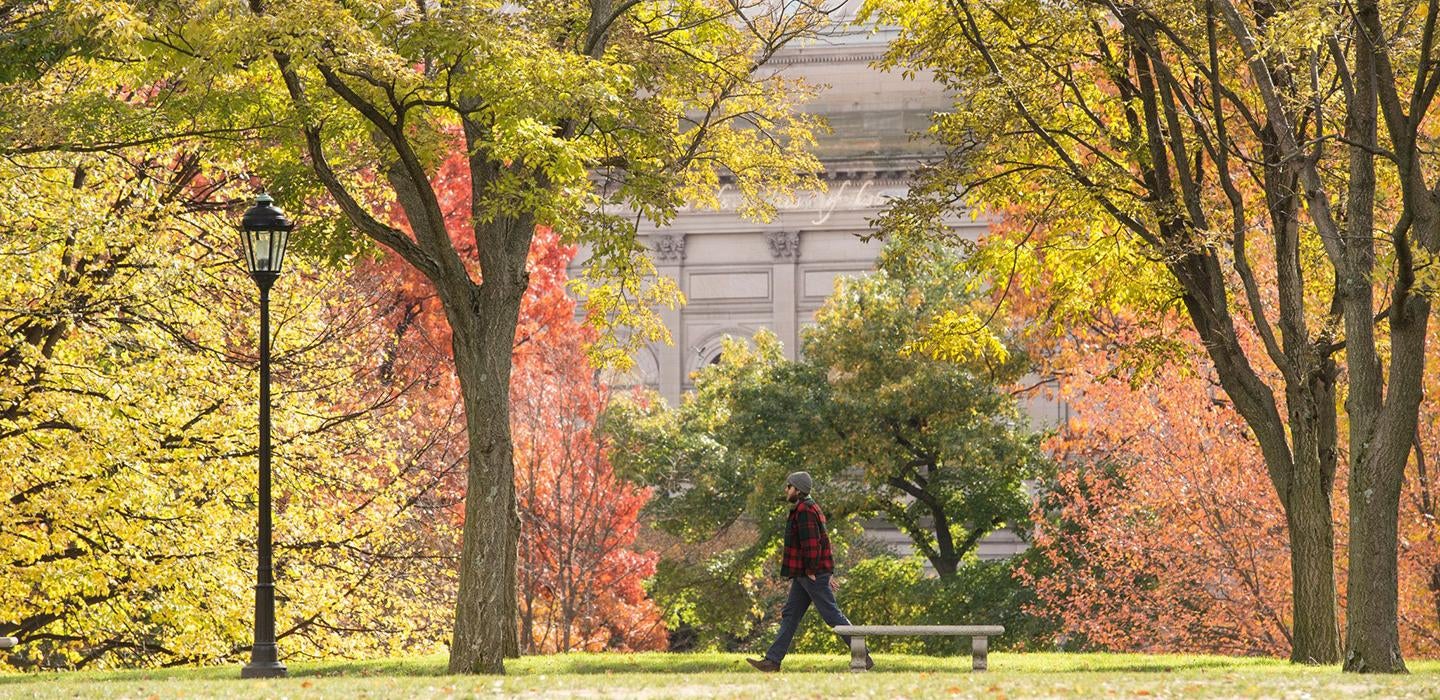 a colorful fall scene on campus