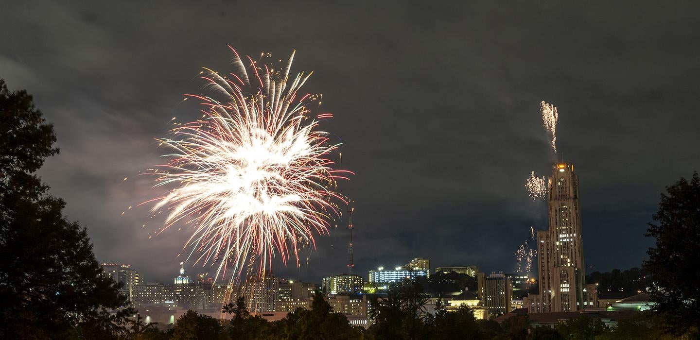 Fireworks over the University of Pittsburgh campus.