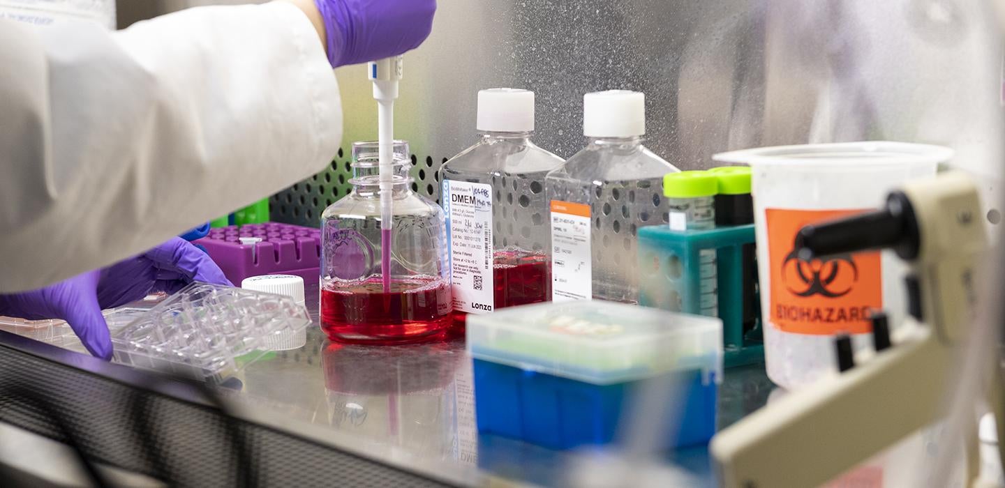 Chemicals sit on a lab table as gloved hands pipette red liquid from one of the bottles