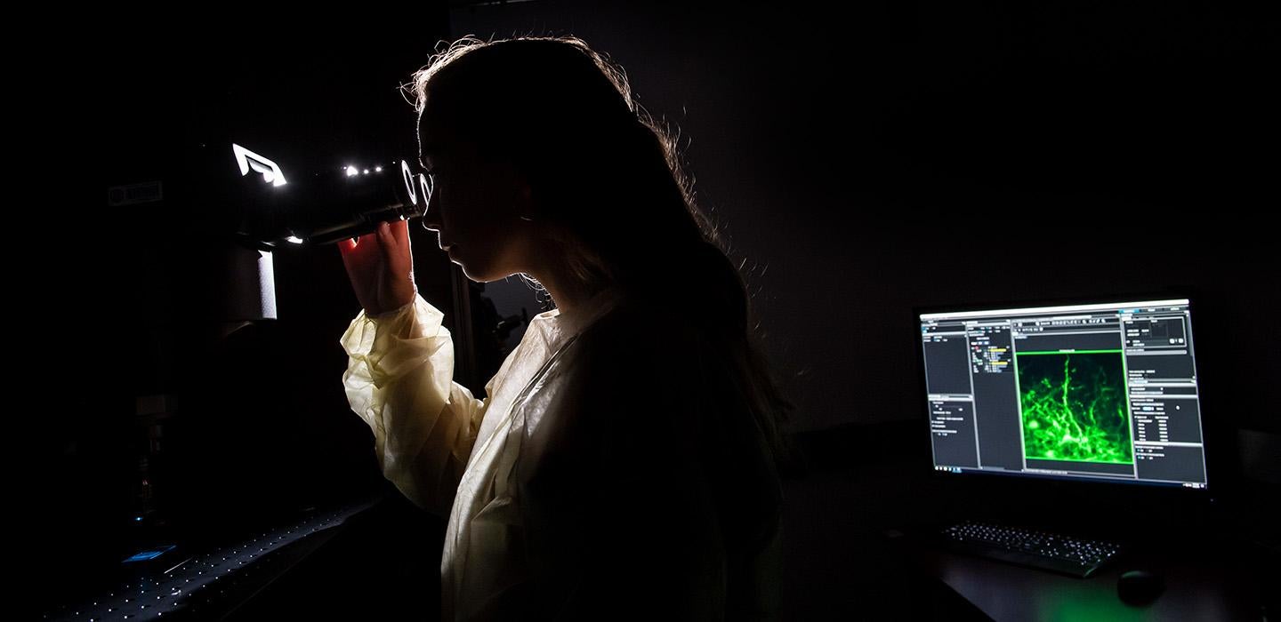 A person looks through a microscope in a dark room