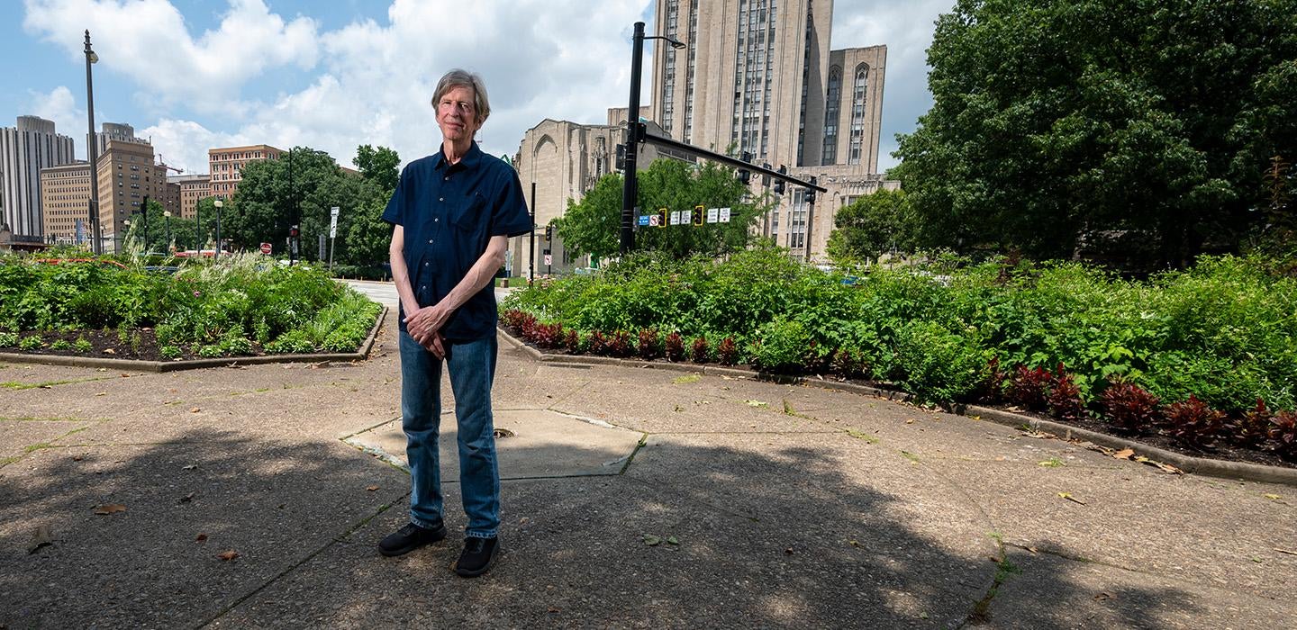 Savage stands in near the Cathedral of Learning where a controversial statue once stood