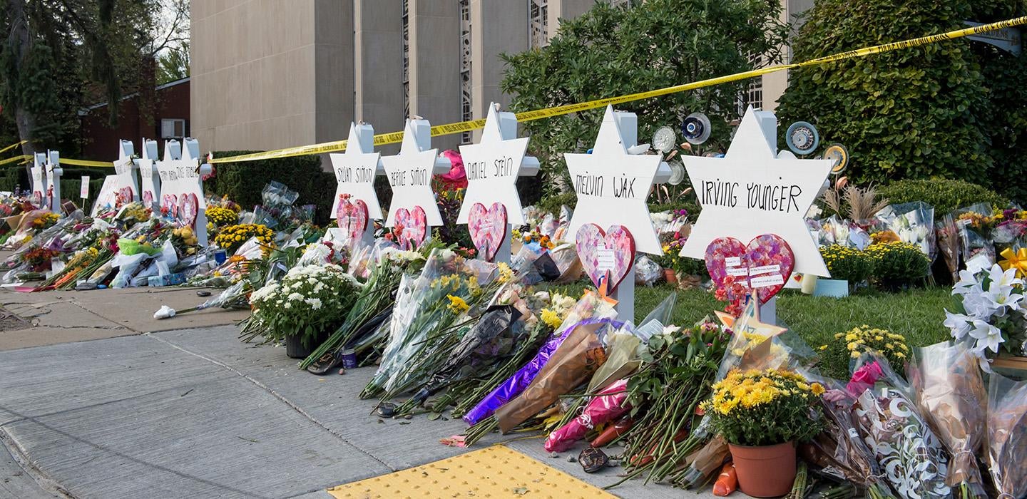 Star-shaped memorials outside the Tree of Life synagogue