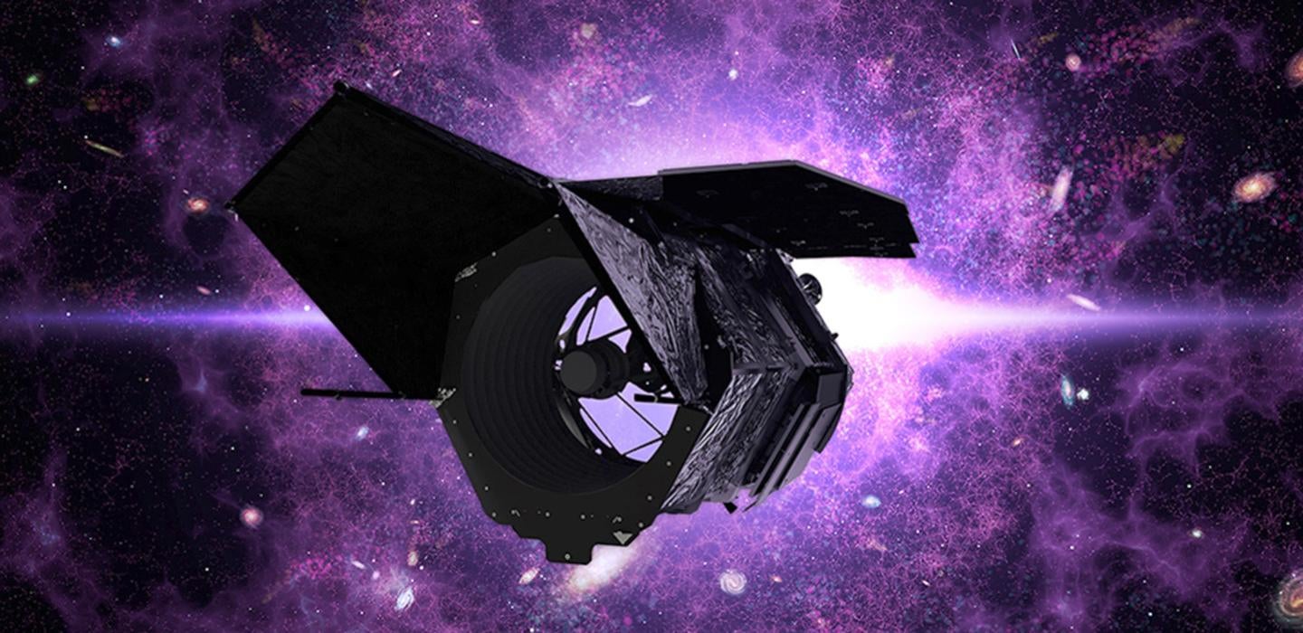 A visualization of the Nancy Grace Roman telescope moving through purple space